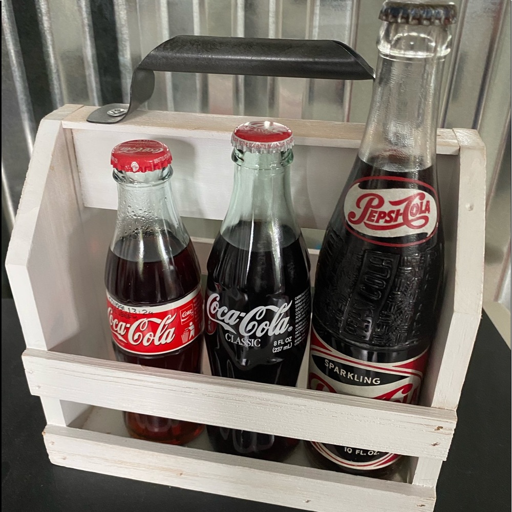 Artist hand-crafted retro pop, soda bottle, carrier, storage bin